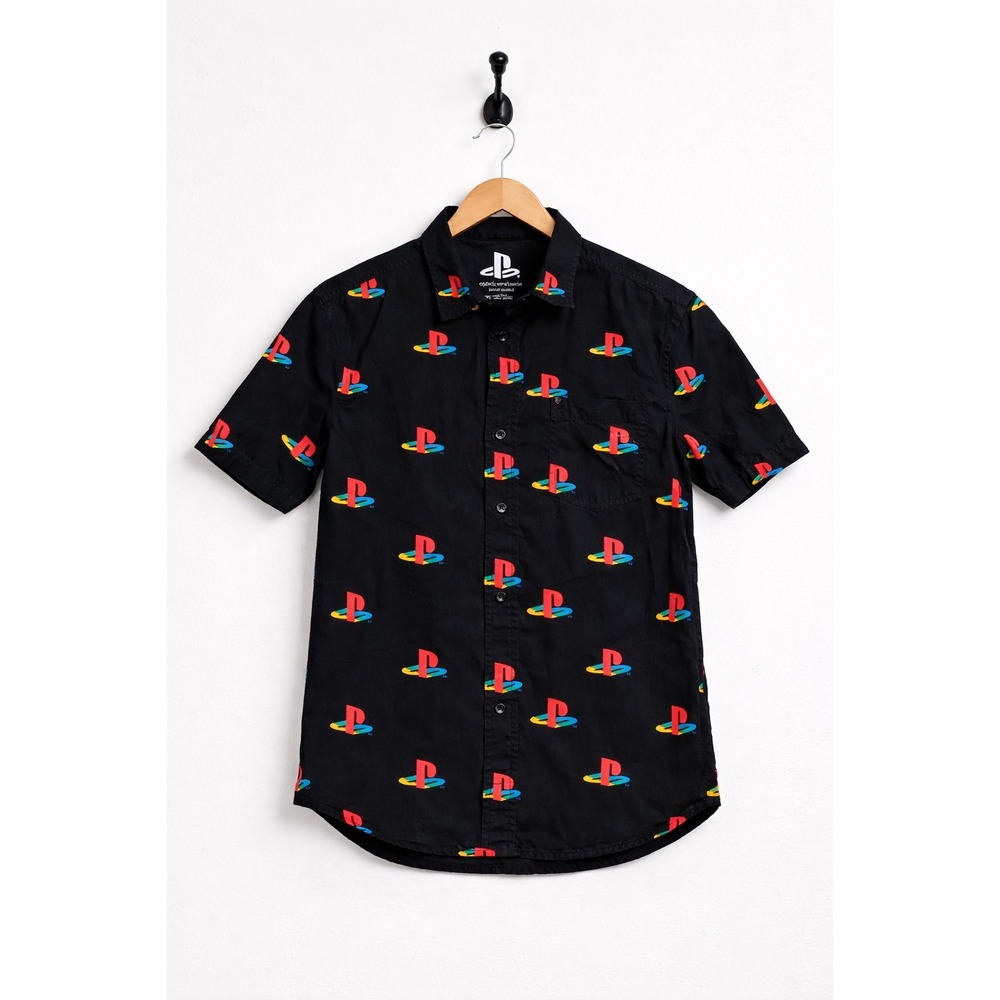 PlayStation Logo Button Down Shirt Mens Small Black All Over Print Gamer